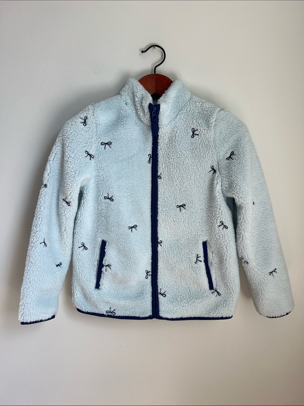 Cat & Jack | Light Blue Sherpa Jacket with Navy Trim Embroidered Bows Size XL